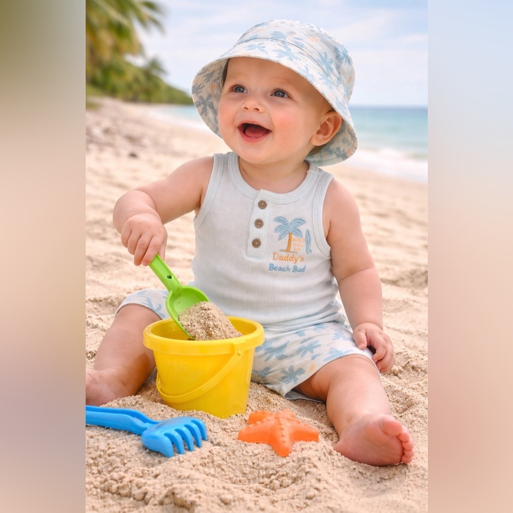 Chick Pea Daddy’s Beach Bud 3pc Baby Boy Set | Blue Palm Tree Outfit w/ Hat NWT